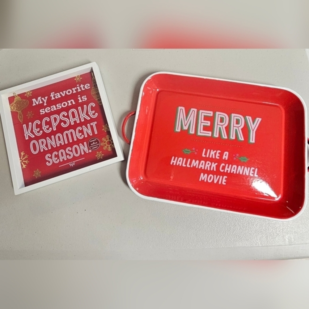 Hallmark Keepsake Ornament Sign and Hallmark Channel Merry Enamel Tray Bundle‎